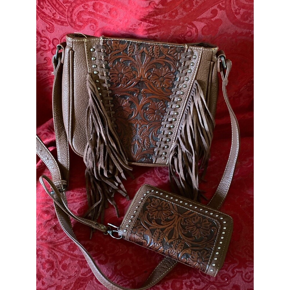 Trinity Ranch Boho FringedTooled Floral Leather Purse & Matching Wristlet/wallet